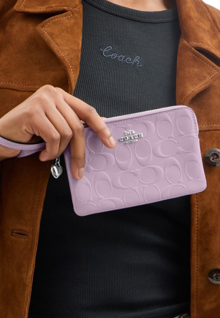 Coach Corner Zip Wristlet In Signature Leather With Heart Charm - Violet