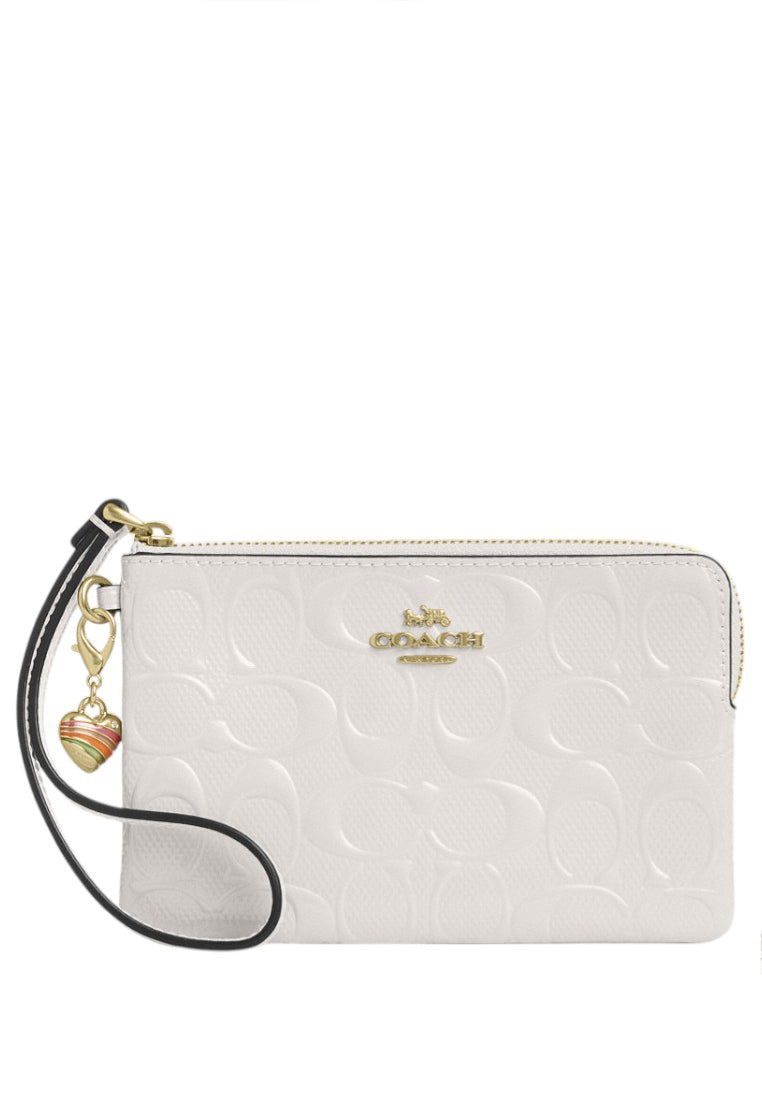 Coach Corner Zip Wristlet In Signature Leather With Heart Charm - White