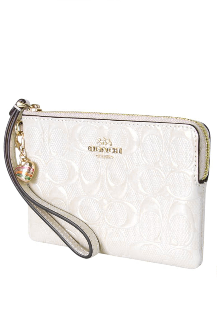Coach Corner Zip Wristlet In Signature Leather With Heart Charm - White