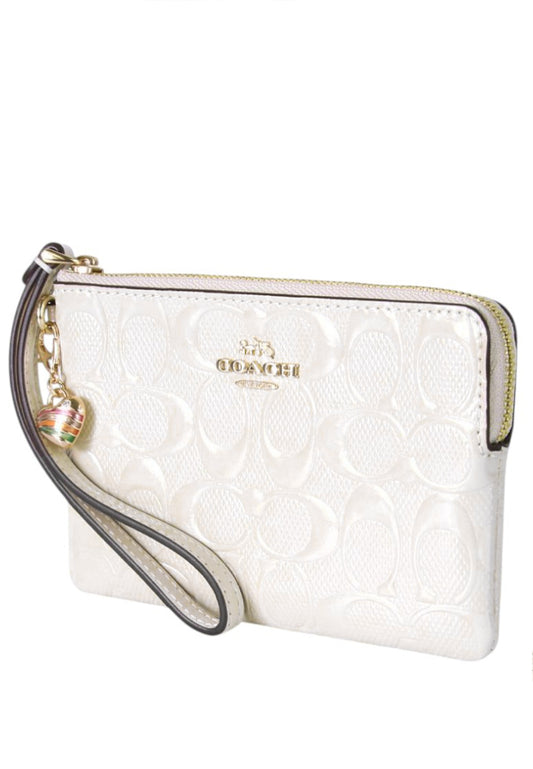 Coach Corner Zip Wristlet In Signature Leather With Heart Charm - White