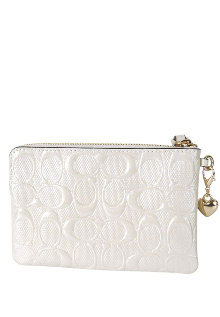 Coach Corner Zip Wristlet In Signature Leather With Heart Charm - White
