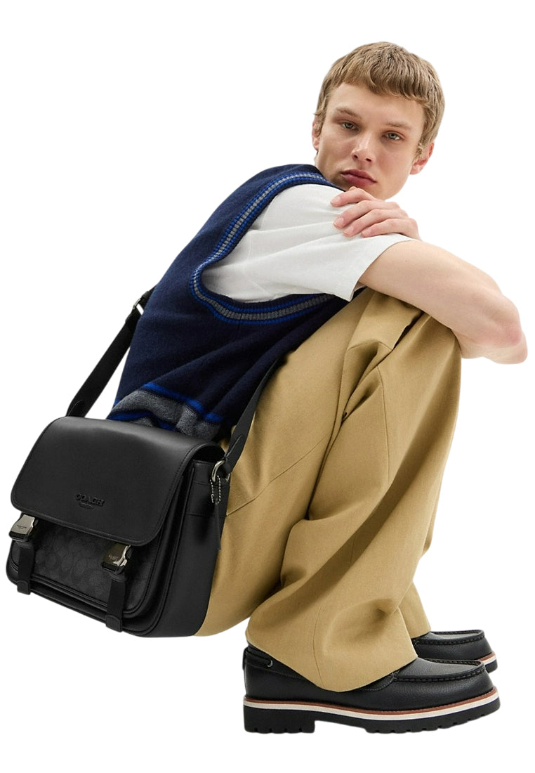 Coach Mens Racer Messenger Bag In Signature Canvas - Charcoal/Black