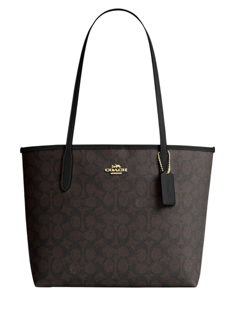 Coach Medium City Tote Bag In Signature Canvas - Walnut/Black