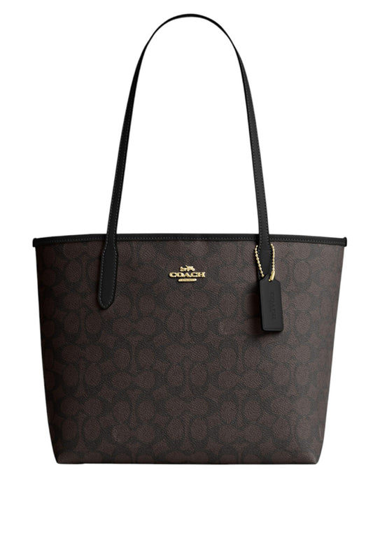 Coach Medium City Tote Bag In Signature Canvas - Walnut/Black