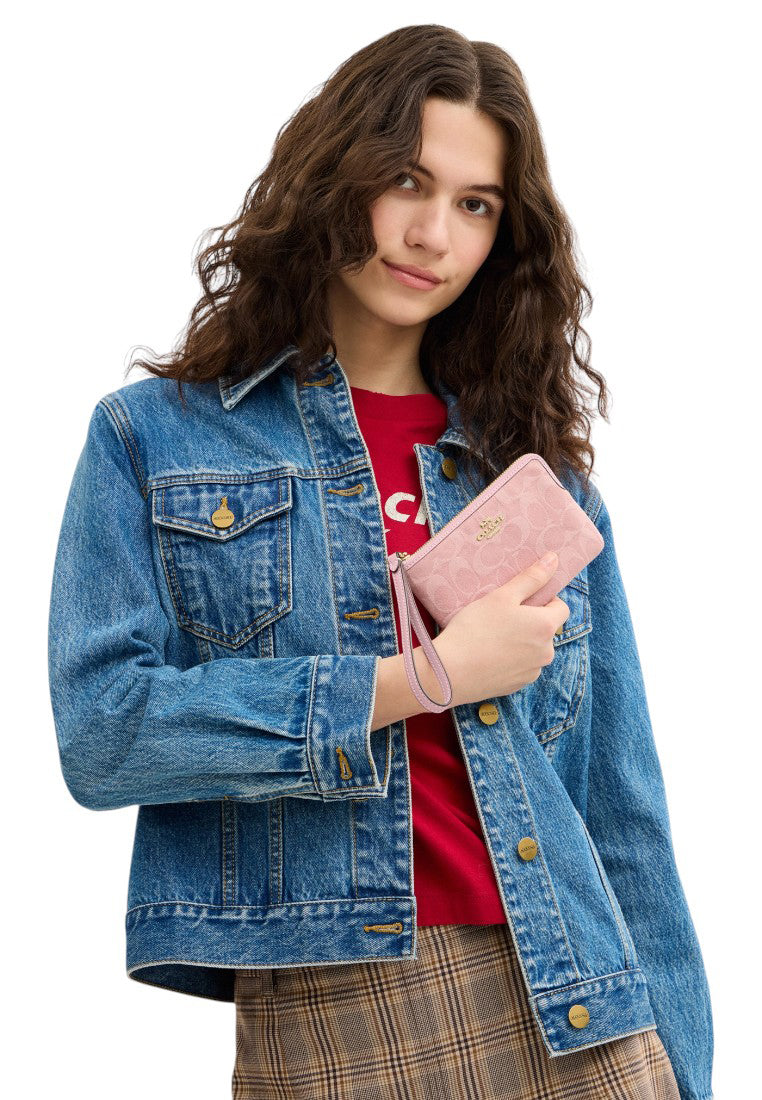 Coach Corner Zip Wristlet In Signature Denim - Light Pink