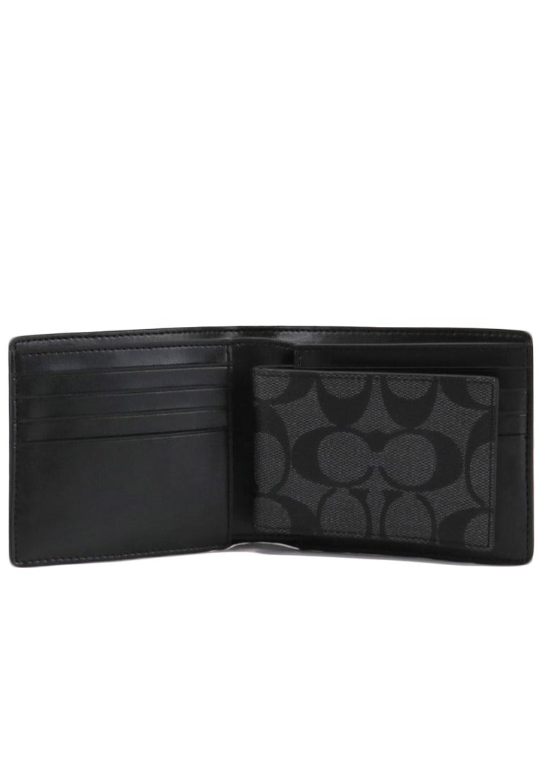 Coach Mens 3 In 1 Wallet In Signature Canvas With Varsity Stripe - Charcoal/Denim/Chalk