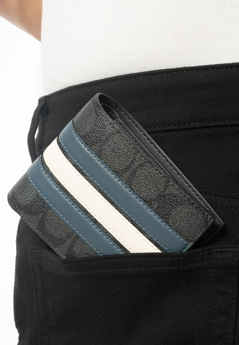 Coach Mens 3 In 1 Wallet In Signature Canvas With Varsity Stripe - Charcoal/Denim/Chalk