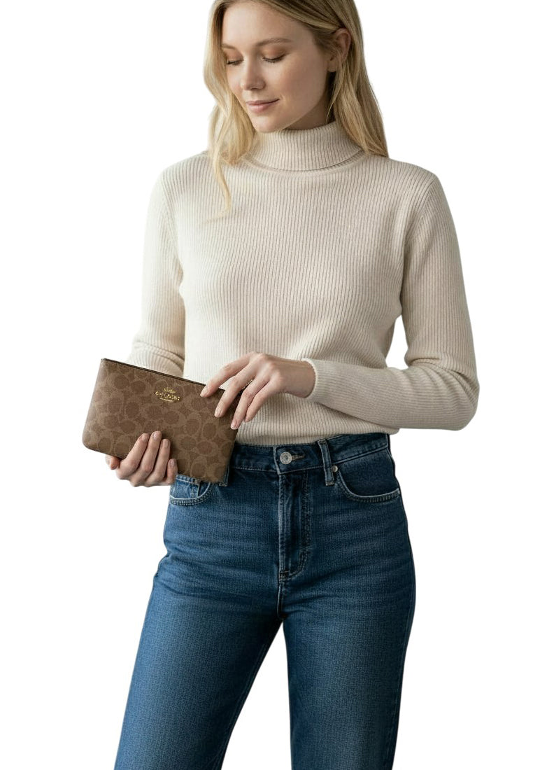 Coach Large Corner Zip Wristlet In Signature Canvas - Tan/Brown