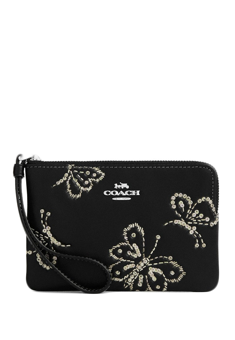 Coach Corner Zip Wristlet With Sparkly Butterfly Print - Black