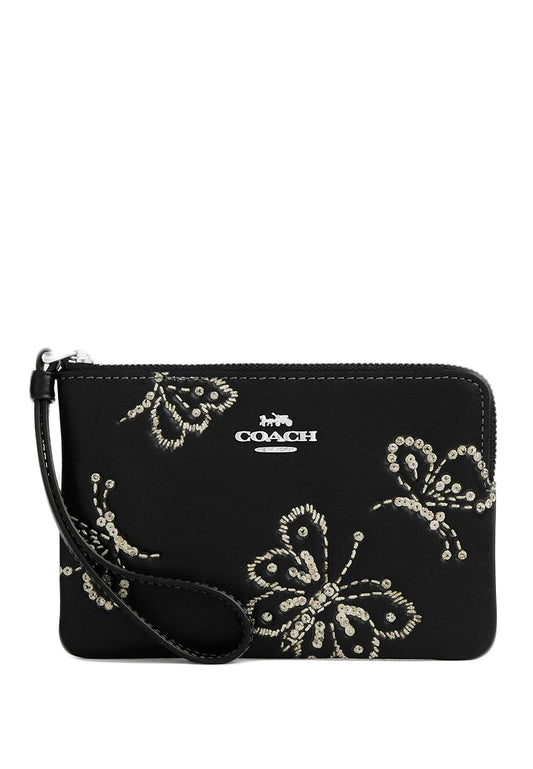 Coach Corner Zip Wristlet With Sparkly Butterfly Print - Black