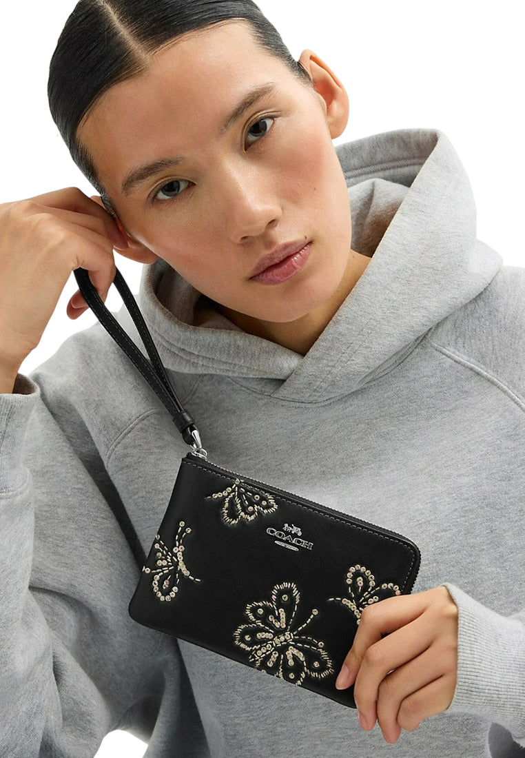Coach Corner Zip Wristlet With Sparkly Butterfly Print - Black