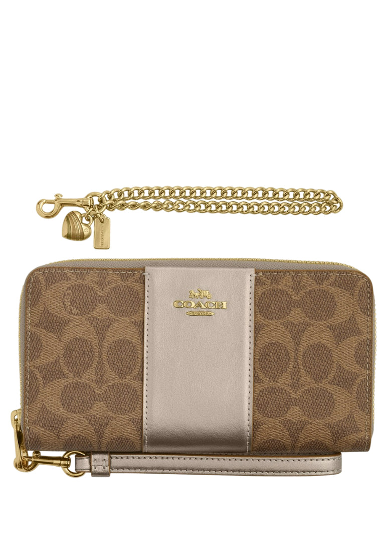 Coach Boxed Long Zip Around Wallet Signature Canvas - Tan/Light Champagne