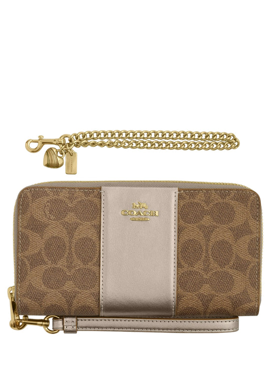 Coach Boxed Long Zip Around Wallet Signature Canvas - Tan/Light Champagne