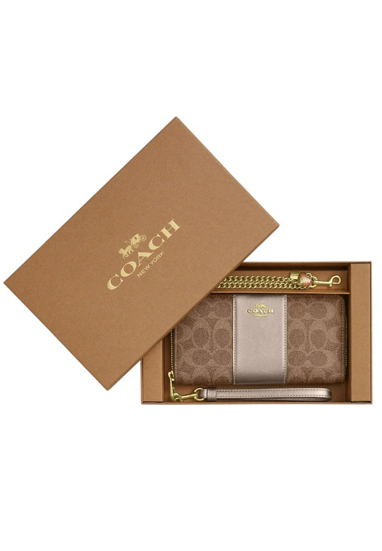 Coach Boxed Long Zip Around Wallet Signature Canvas - Tan/Light Champagne