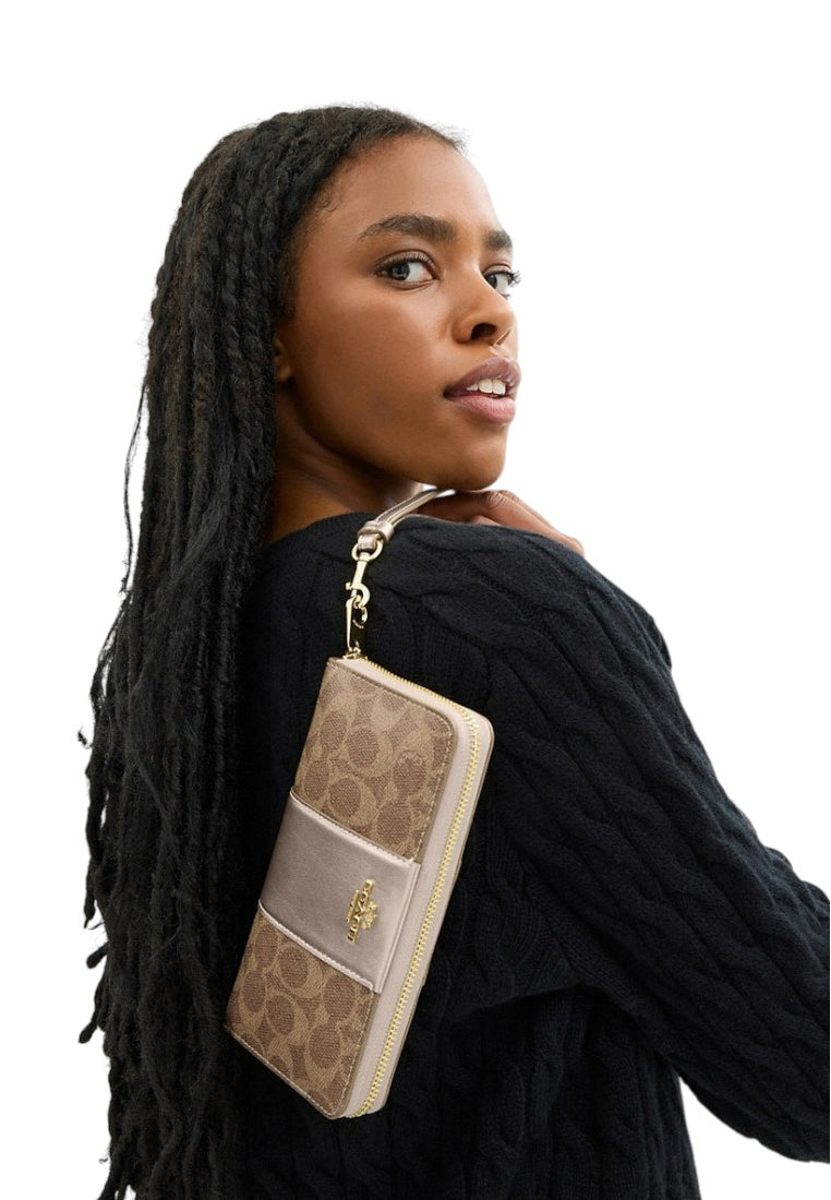 Coach Boxed Long Zip Around Wallet Signature Canvas - Tan/Light Champagne