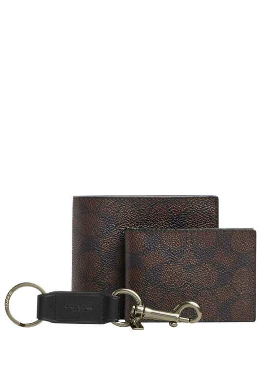 Coach Mens Boxed 3-In-1 Wallet Gift Set In Signature Canvas - Walnut/Black
