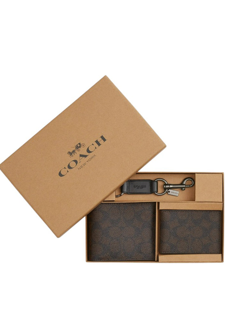 Coach Mens Boxed 3-In-1 Wallet Gift Set In Signature Canvas - Walnut/Black