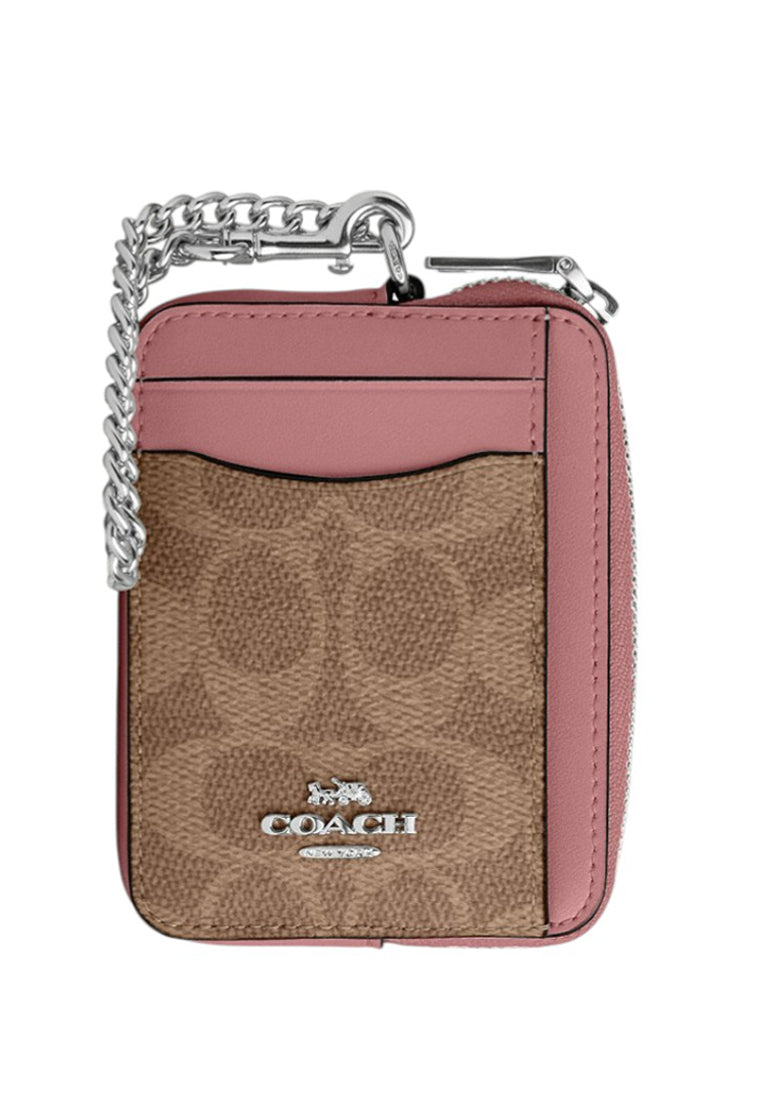 Coach Zip Card Case In Signature Canvas - Tan/Dusty Pink