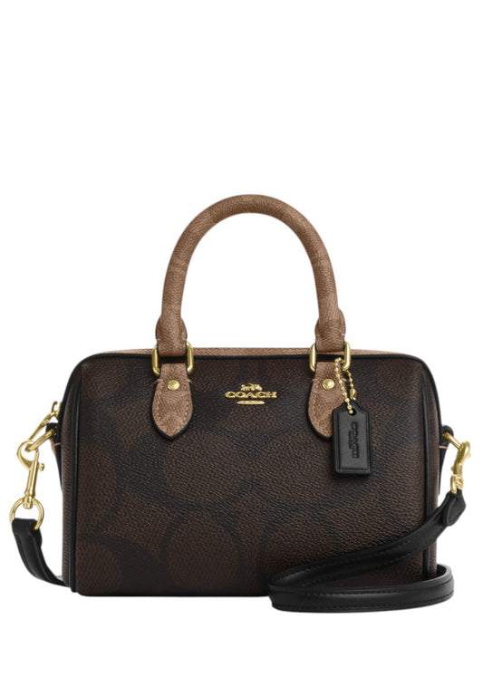 Coach Mini Rowan Crossbody Bag In Blocked Signature Canvas - Walnut/Tan