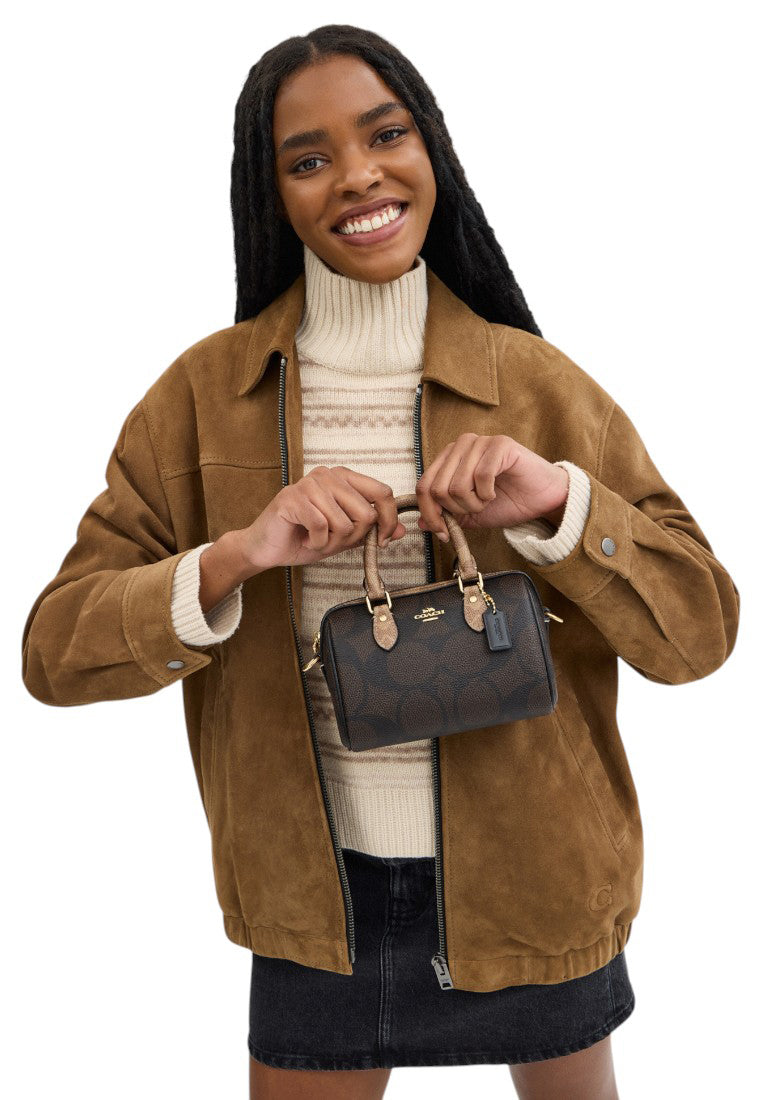 Coach Mini Rowan Crossbody Bag In Blocked Signature Canvas - Walnut/Tan