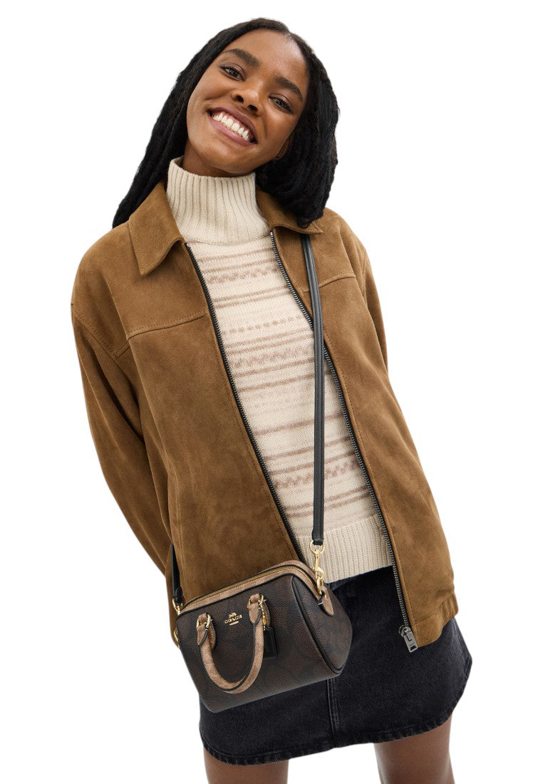 Coach Mini Rowan Crossbody Bag In Blocked Signature Canvas - Walnut/Tan