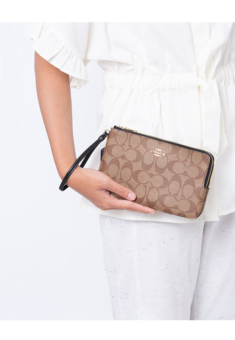 Coach Signature Double Zip Wristlet Wallet - Brown/Black