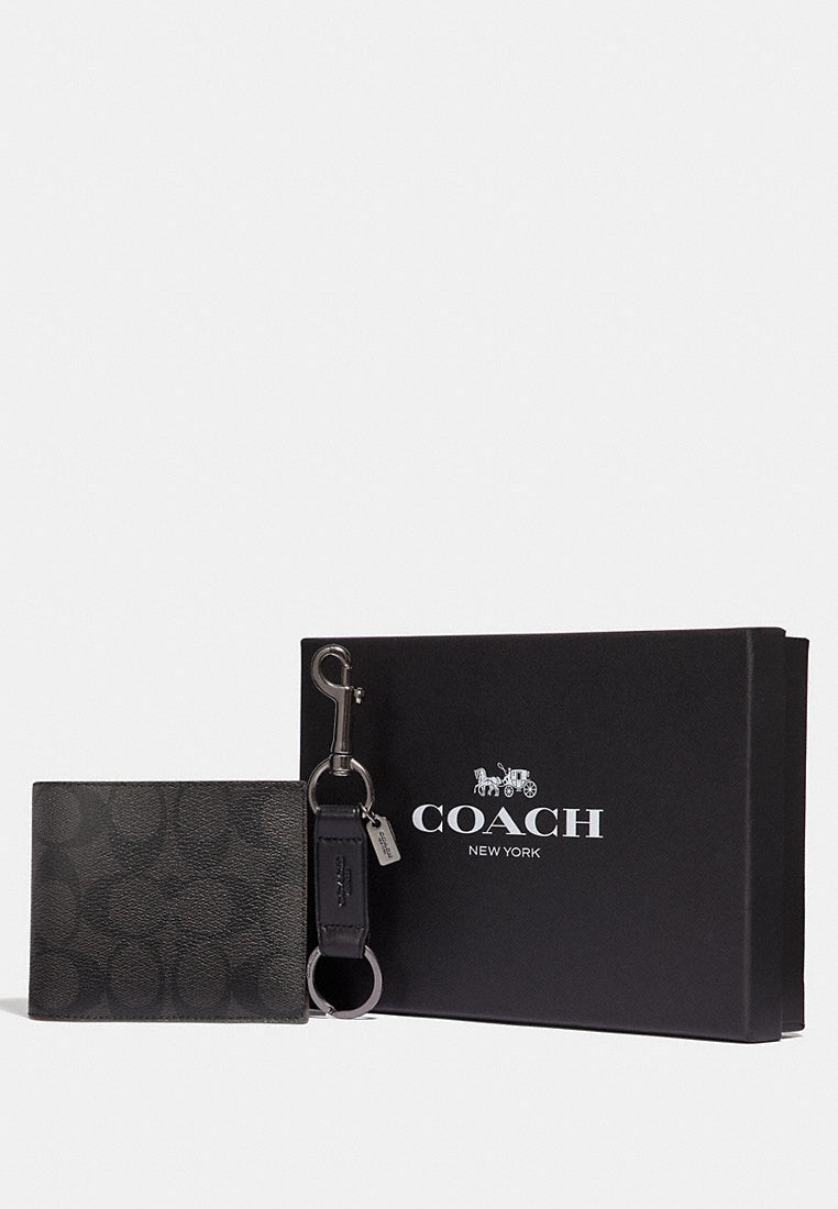 Coach Men Compact ID Wallet & Key Fob Gift Box Set - Black