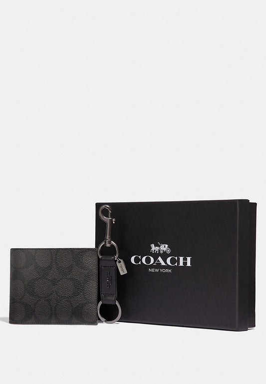 Coach Men Compact ID Wallet & Key Fob Gift Box Set - Black