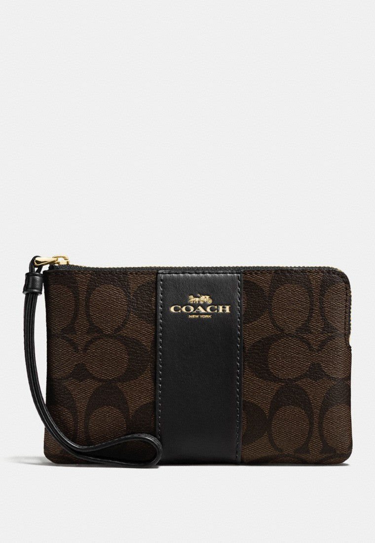 Coach Corner Zip Wristlet In Signature Coated Canvas - Dark Brown