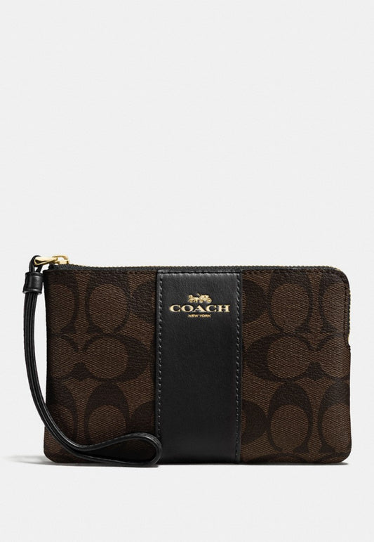 Coach Corner Zip Wristlet In Signature Coated Canvas - Dark Brown