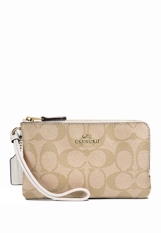 Coach Signature Small Corner Double Zip Wristlet - Light Brown/White