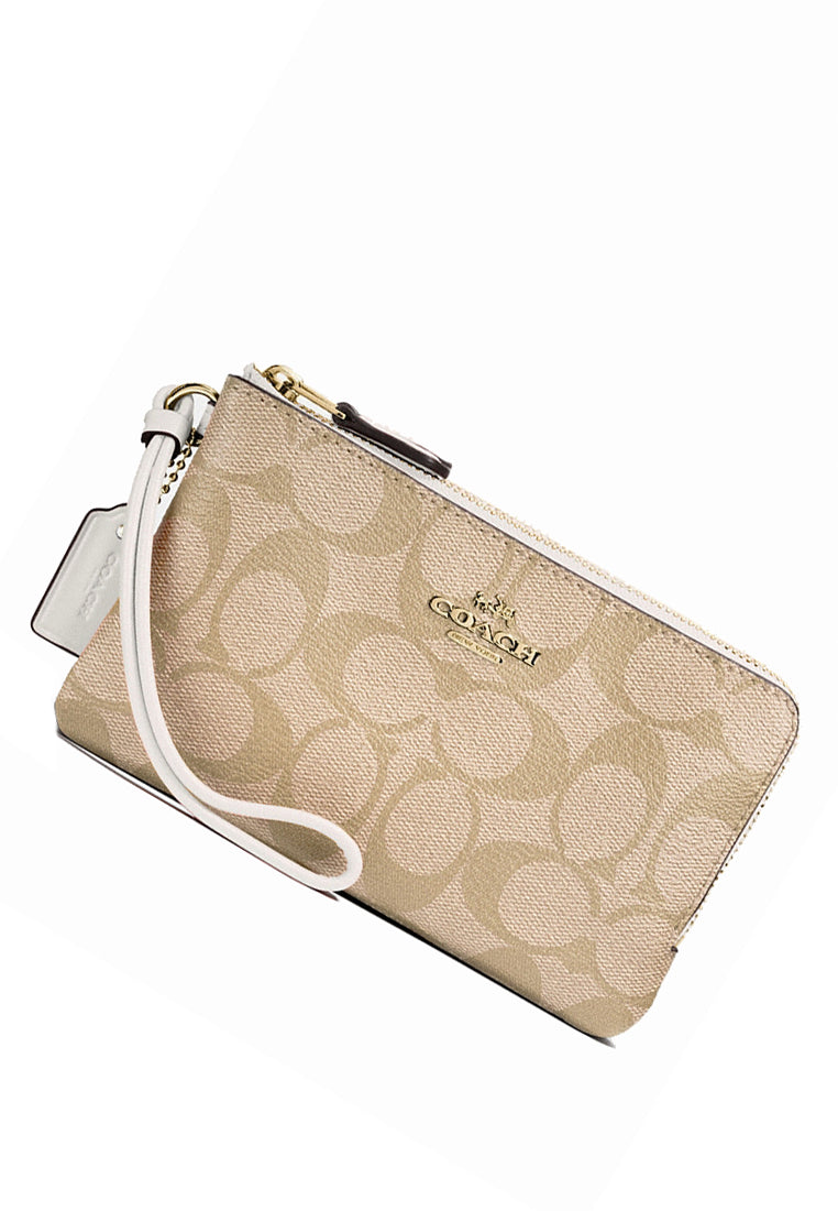 Coach Signature Small Corner Double Zip Wristlet - Light Brown/White