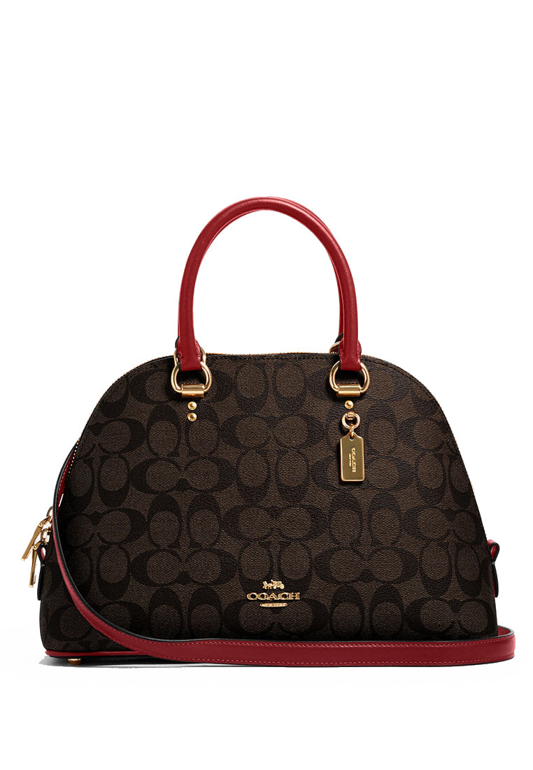Coach Katy Satchel In Signature Canvas - Dark Brown/True Red