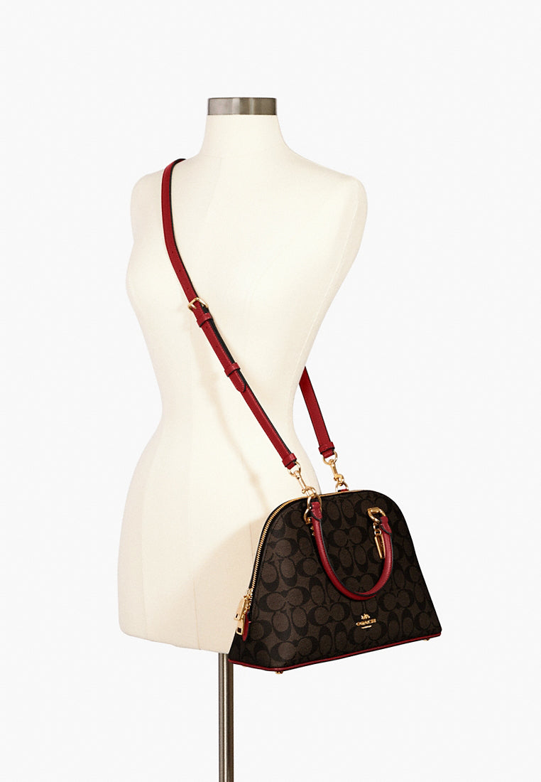 Coach Katy Satchel In Signature Canvas - Dark Brown/True Red