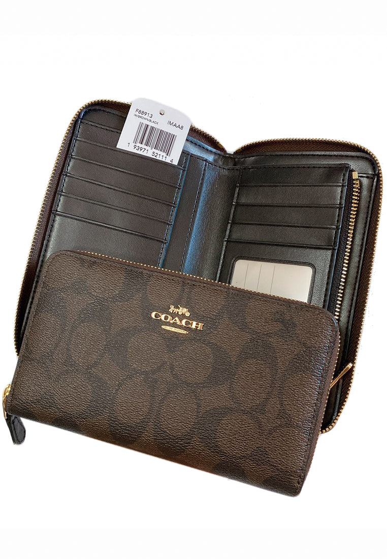 Coach Medium Zip Around Wallet In Signature Canvas - Dark Brown