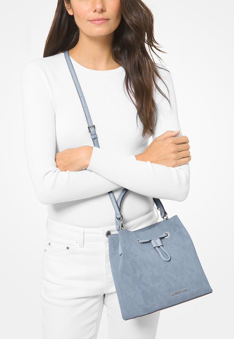 Michael Kors Suri Medium Logo Perforated Suede Crossbody Bag - Pale Blue