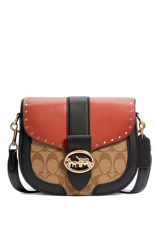 Coach Georgie Saddle Bag In Colorblock Signature Canvas With Rivets - Brown/Terracotta