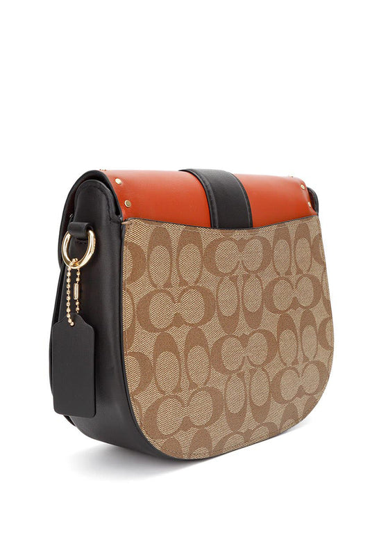 Coach Georgie Saddle Bag In Colorblock Signature Canvas With Rivets - Brown/Terracotta