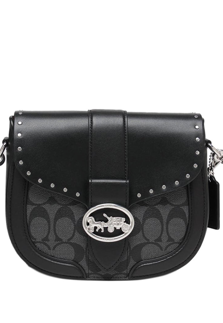 Coach Georgie Saddle Bag In Colorblock Signature Canvas With Rivets - Black