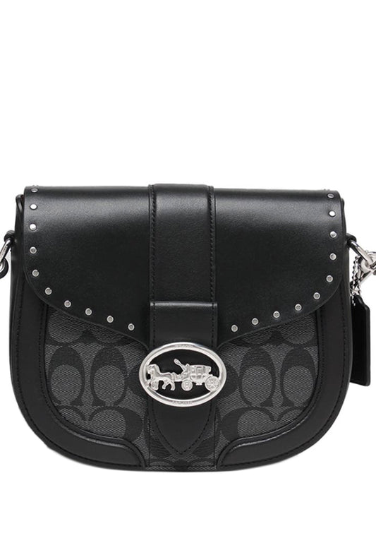 Coach Georgie Saddle Bag In Colorblock Signature Canvas With Rivets - Black
