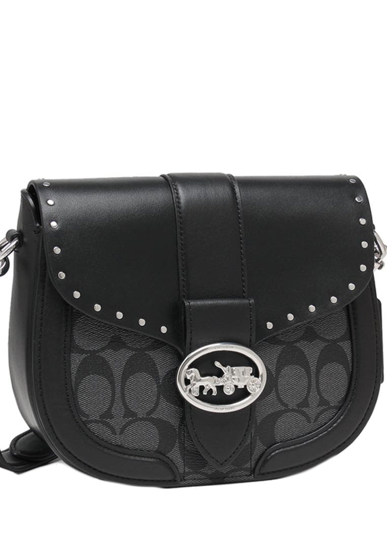 Coach Georgie Saddle Bag In Colorblock Signature Canvas With Rivets - Black