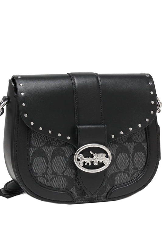 Coach Georgie Saddle Bag In Colorblock Signature Canvas With Rivets - Black