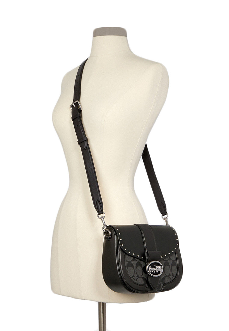 Coach Georgie Saddle Bag In Colorblock Signature Canvas With Rivets - Black