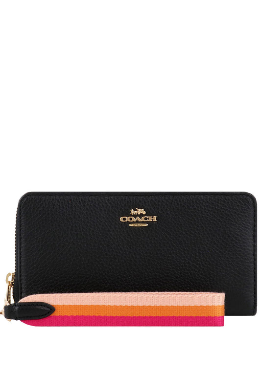 Coach Long Zip Around Wallet With Stripe Strap - Black