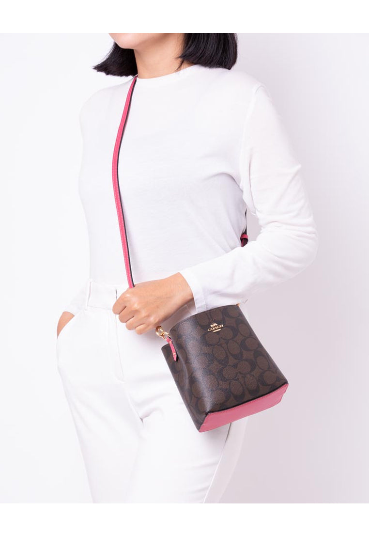 Coach Mini Town Bucket Bag In Signature Canvas - Dark Brown/Strawberry