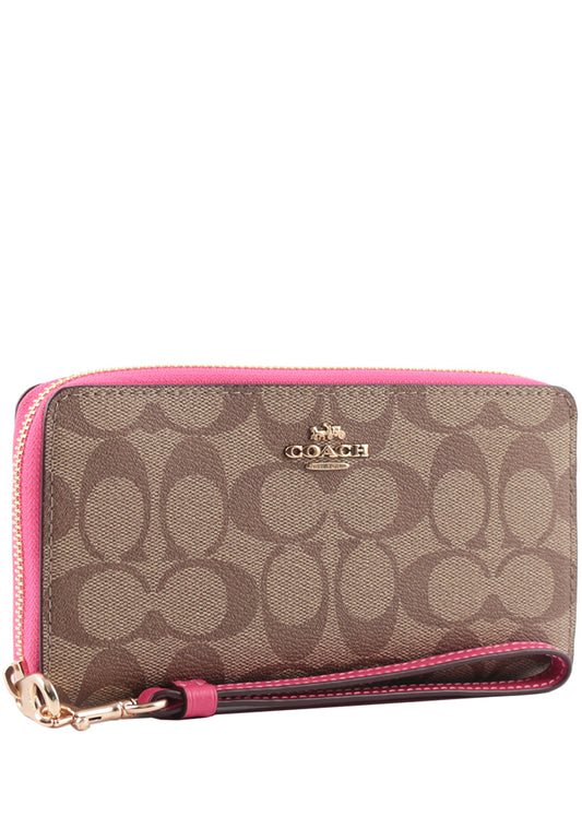 Coach Long Zip Around Wallet In Signature Canvas - Brown/Bold Pink