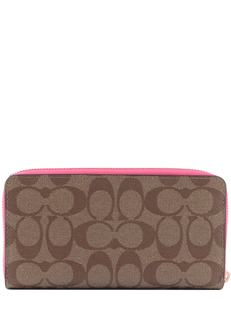 Coach Long Zip Around Wallet In Signature Canvas - Brown/Bold Pink