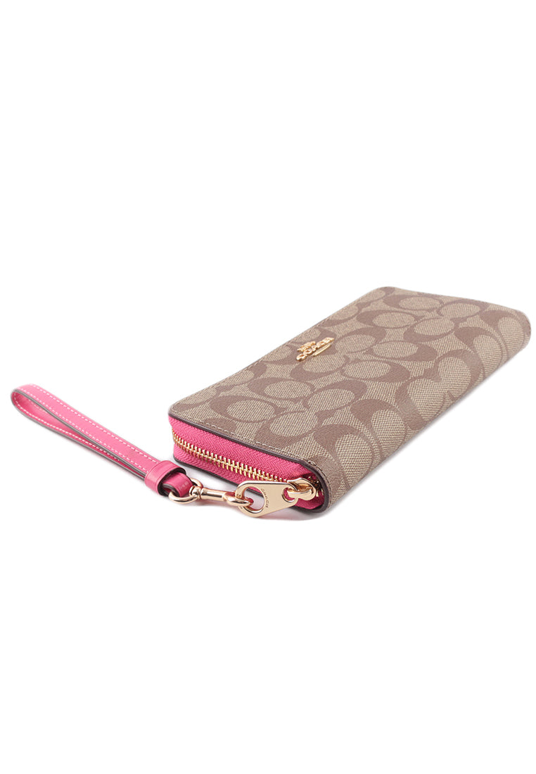 Coach Long Zip Around Wallet In Signature Canvas - Brown/Bold Pink