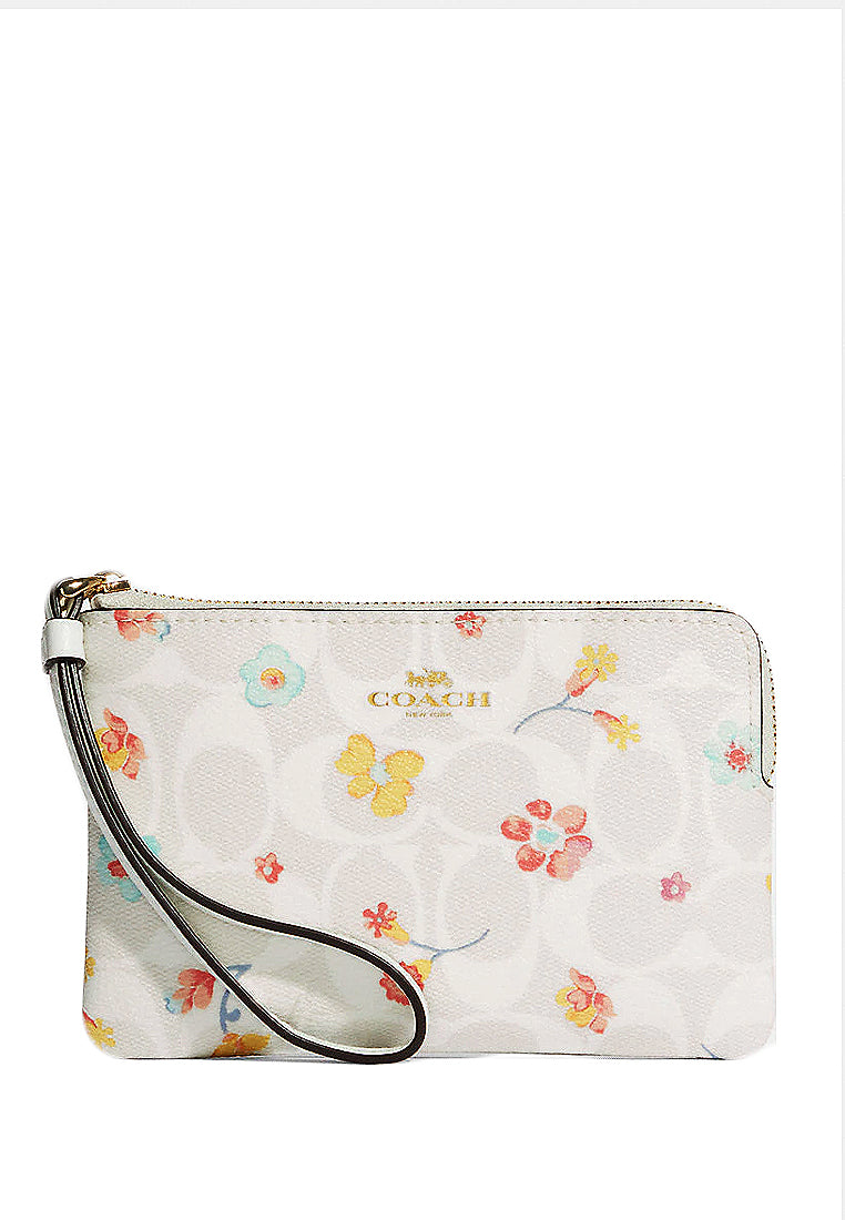 Coach Corner Zip Wristlet In Signature Canvas With Mystical Floral Print - White/Multi