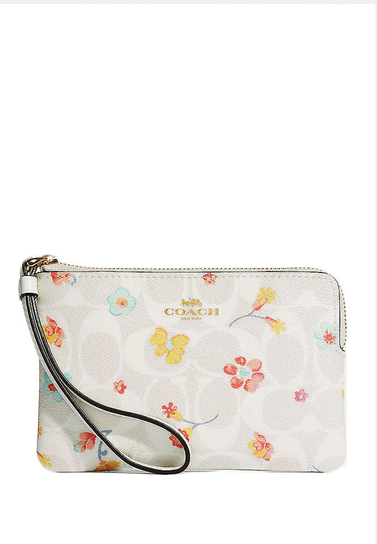 Coach Corner Zip Wristlet In Signature Canvas With Mystical Floral Print - White/Multi